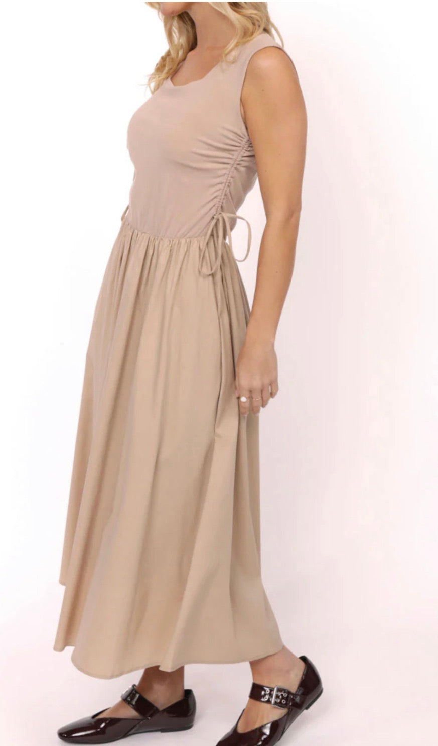 Shades on Mixed Media Ruched Midi Dress