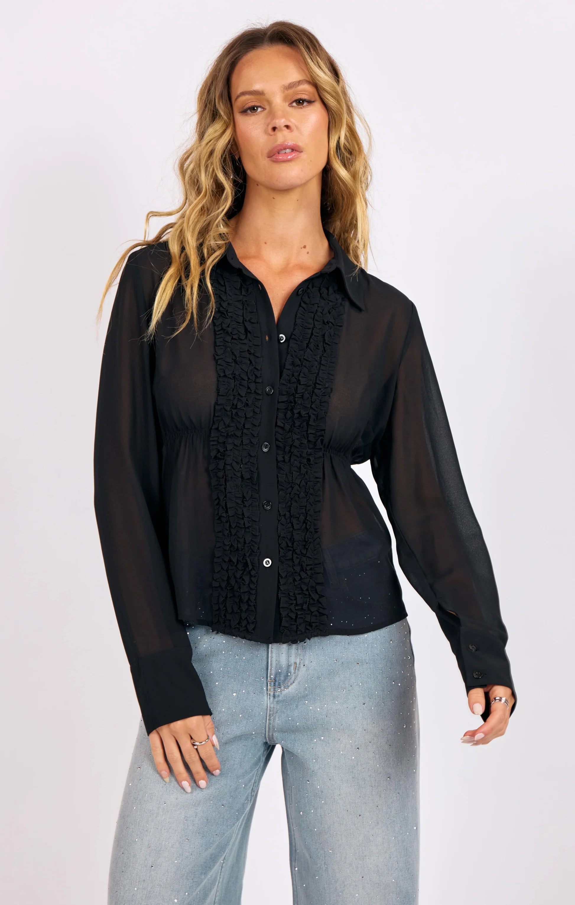 Members Only Sheer Ruffle Tuxedo Blouse