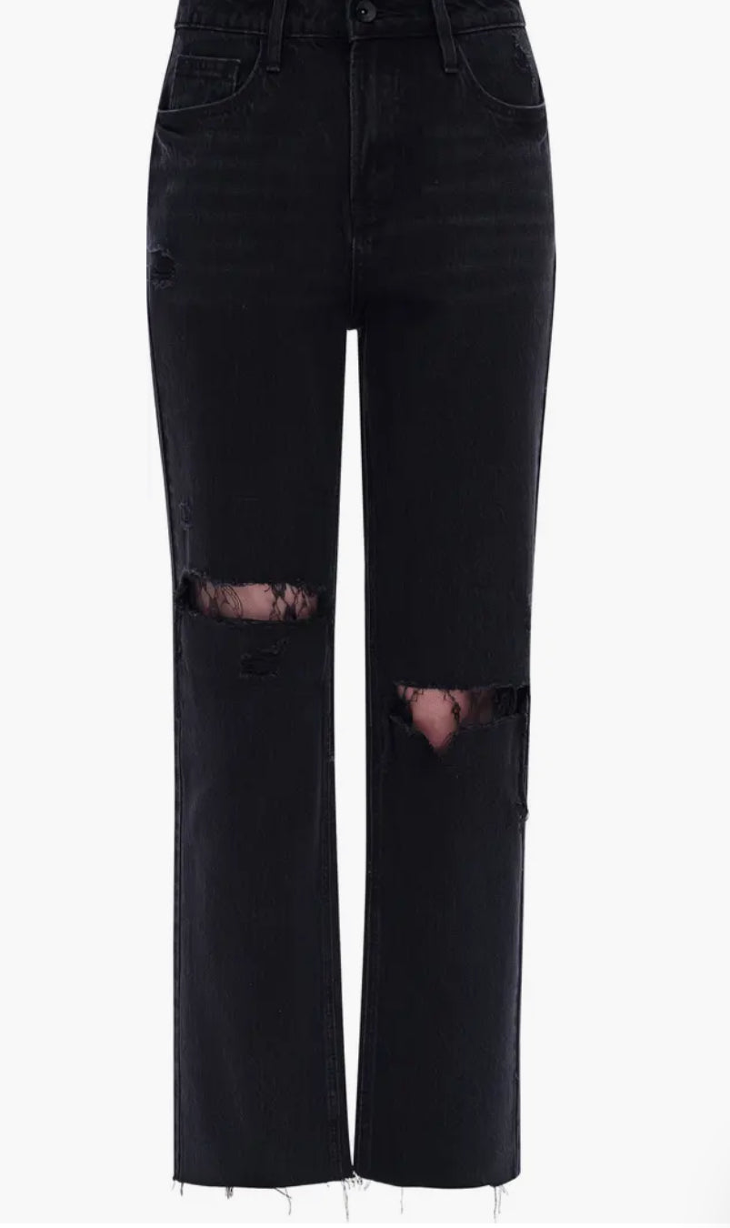 High Rise Straight Leg Jean with Lace by BAYEAS