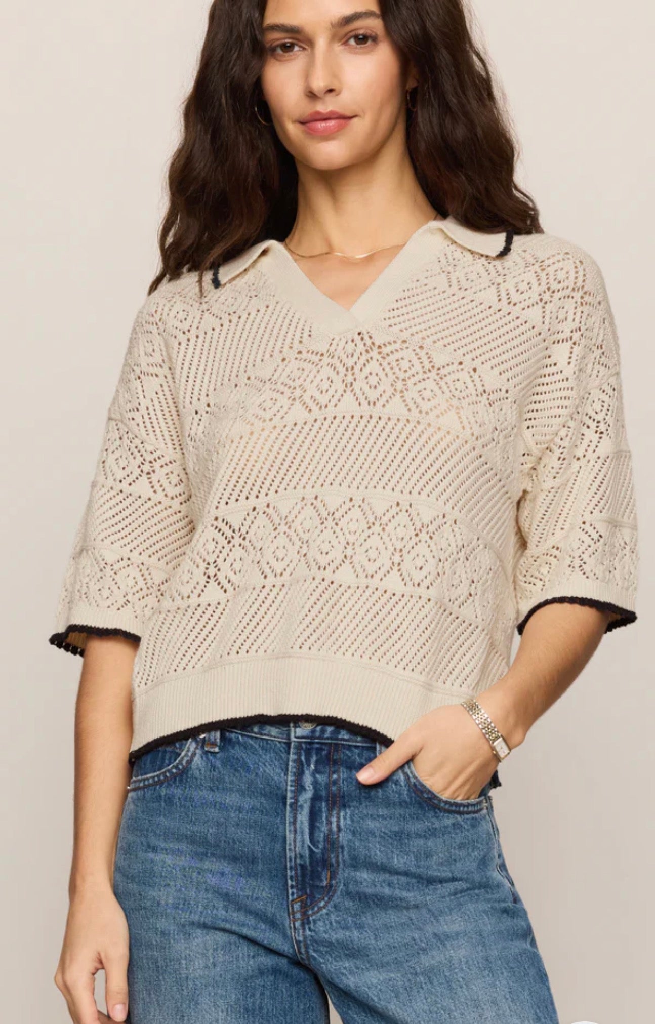 Denman Crochet Polo Sweater