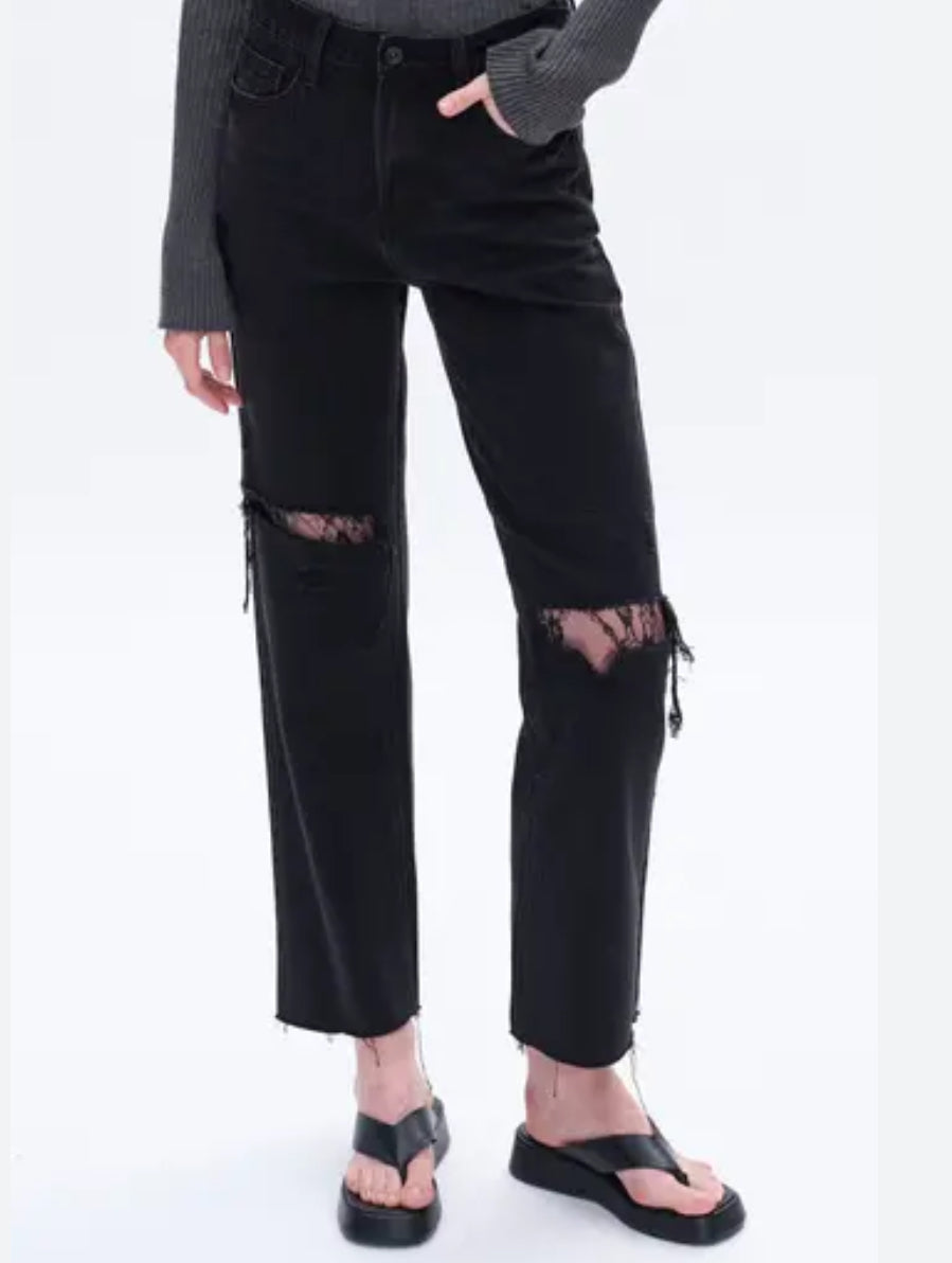 High Rise Straight Leg Jean with Lace by BAYEAS