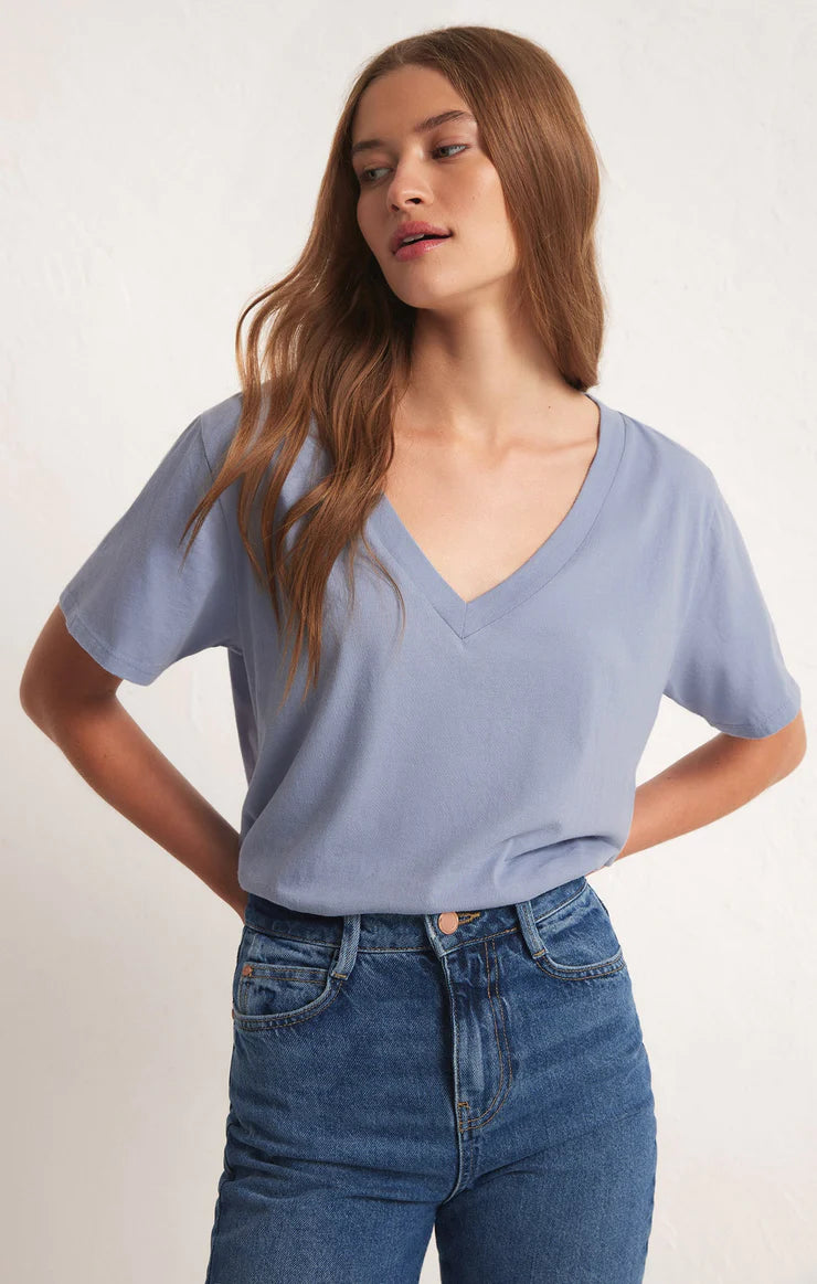 Girlfriend V-Neck Tee in Stormy Blue