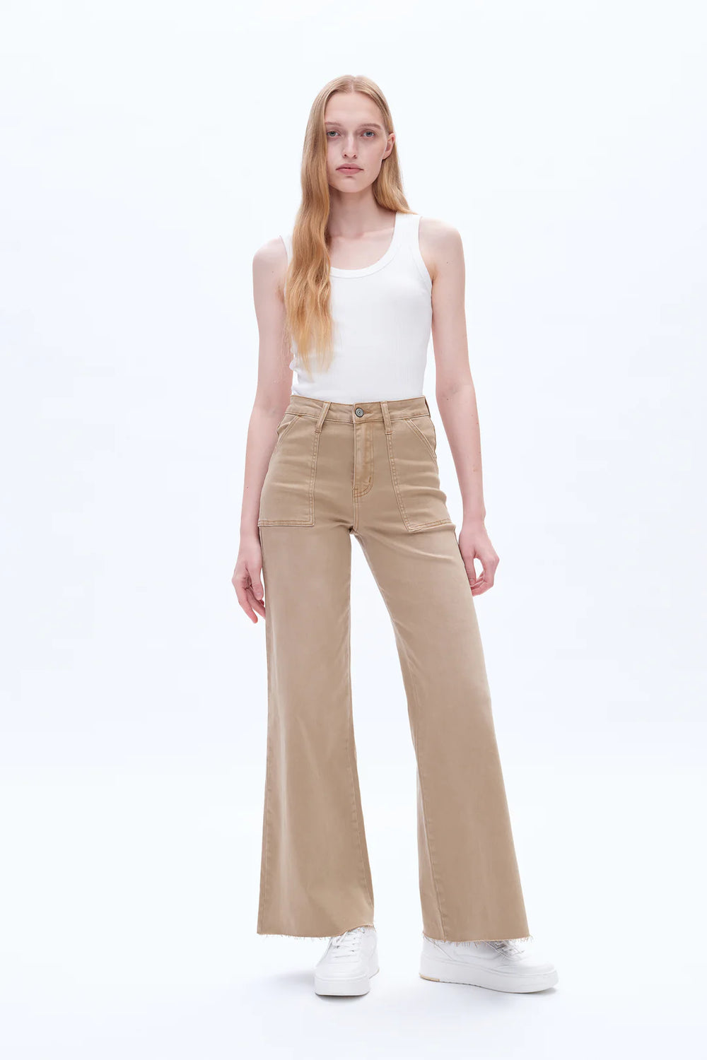 Utility Patch Pocket Khaki Wide Leg Jeans by BAYEAS