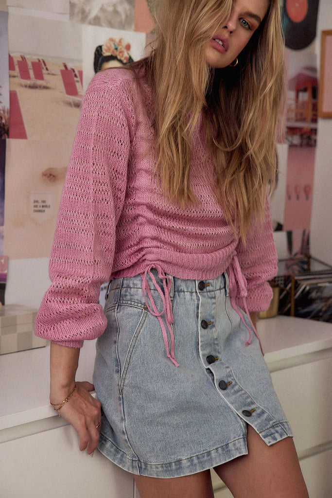 Denim skirt shop pink cardigan